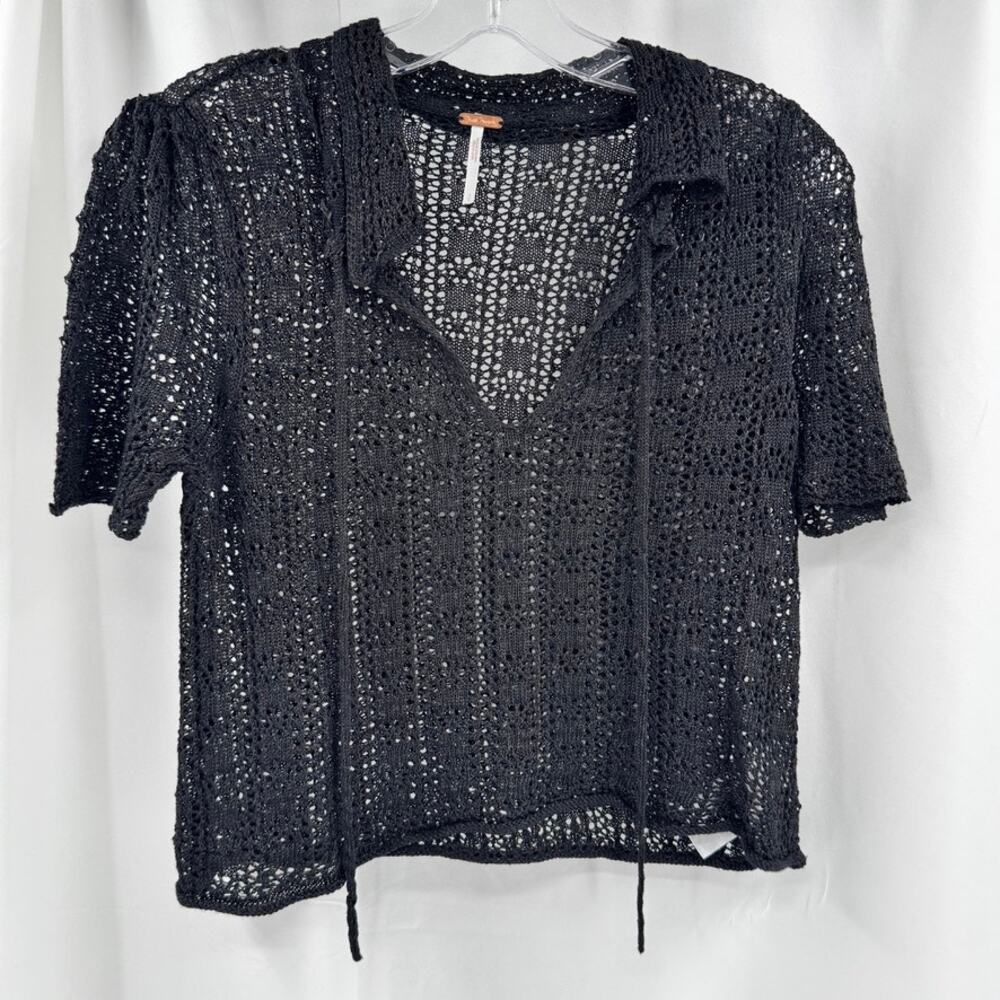 Free People Dallas Pullover Top Crotchet Black Caviar Sz S